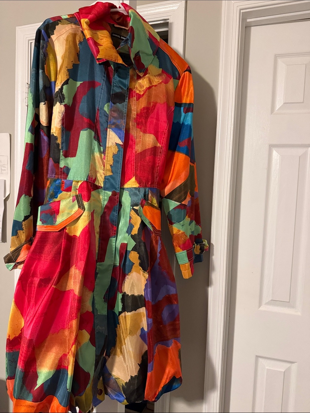 Samuel Dong Multicolor Abstract Print Casual Trench Coat